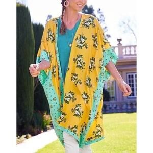 Matilda Jane What a Catch Kimono Women’s M/L Floral Yellow Aqua Swim Cover Up